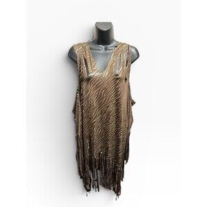 Metallic Gold Zebra Fringe Tunic Mini Dress Women’s OS Boho Western Festival